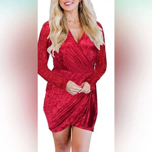Long Sleeve Velvet Mini Wrap Dresses for Women V Neck Ruched with Tie Waist